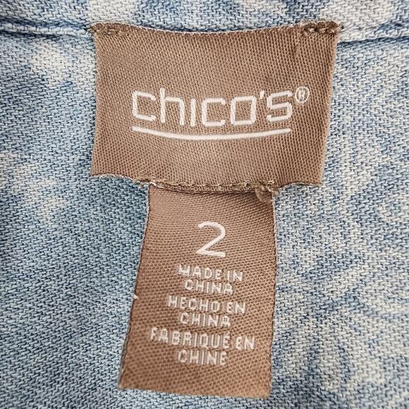 Chico's Womens Chambray Button Floral Shirt Size 2 US L Hemp Blend Denim Casual - Picture 7 of 10